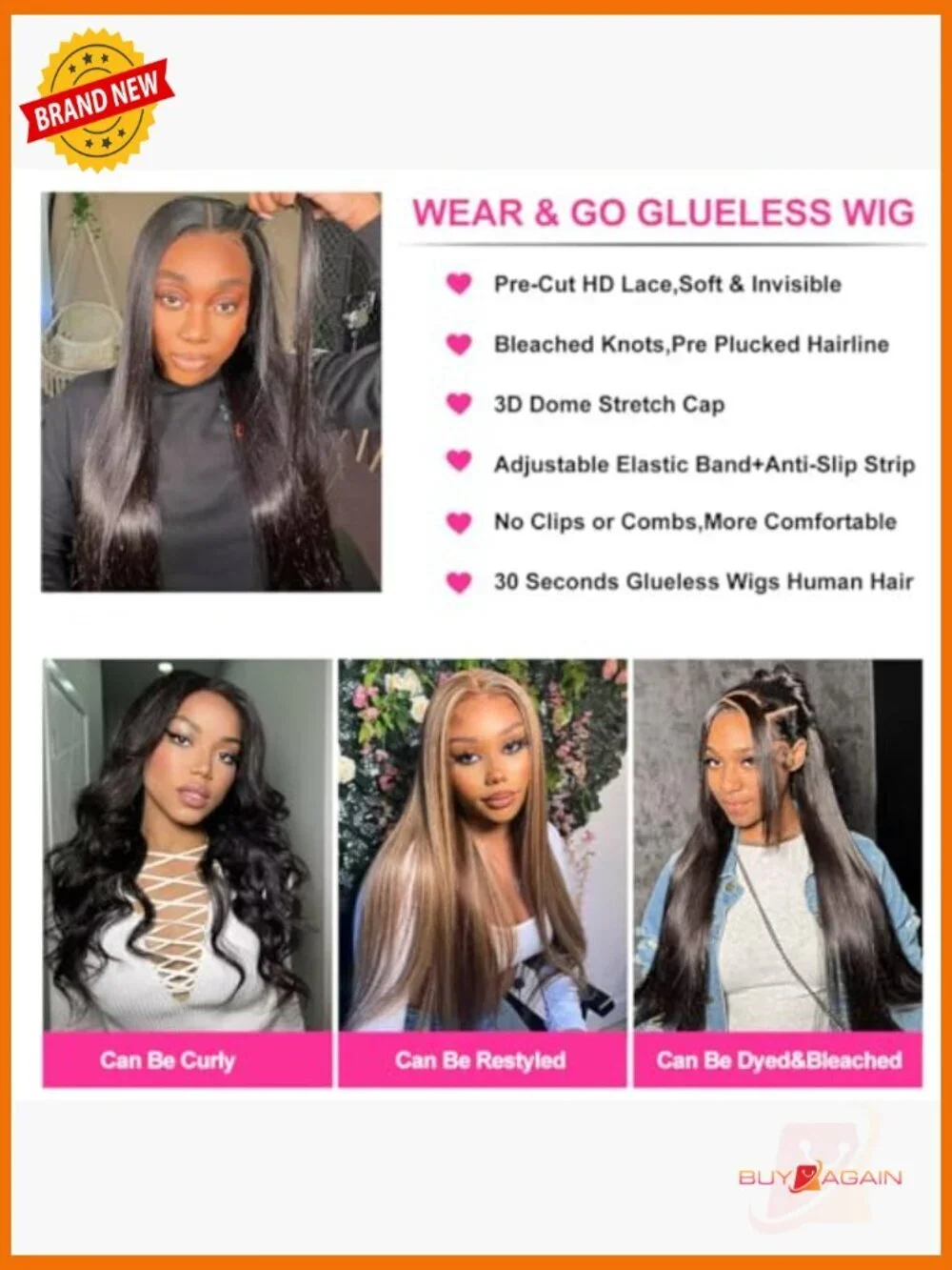 100% Human Hair Glueless Lace Front Wig 26 Inch Straight Pre Cut 6x4 Skin Melt